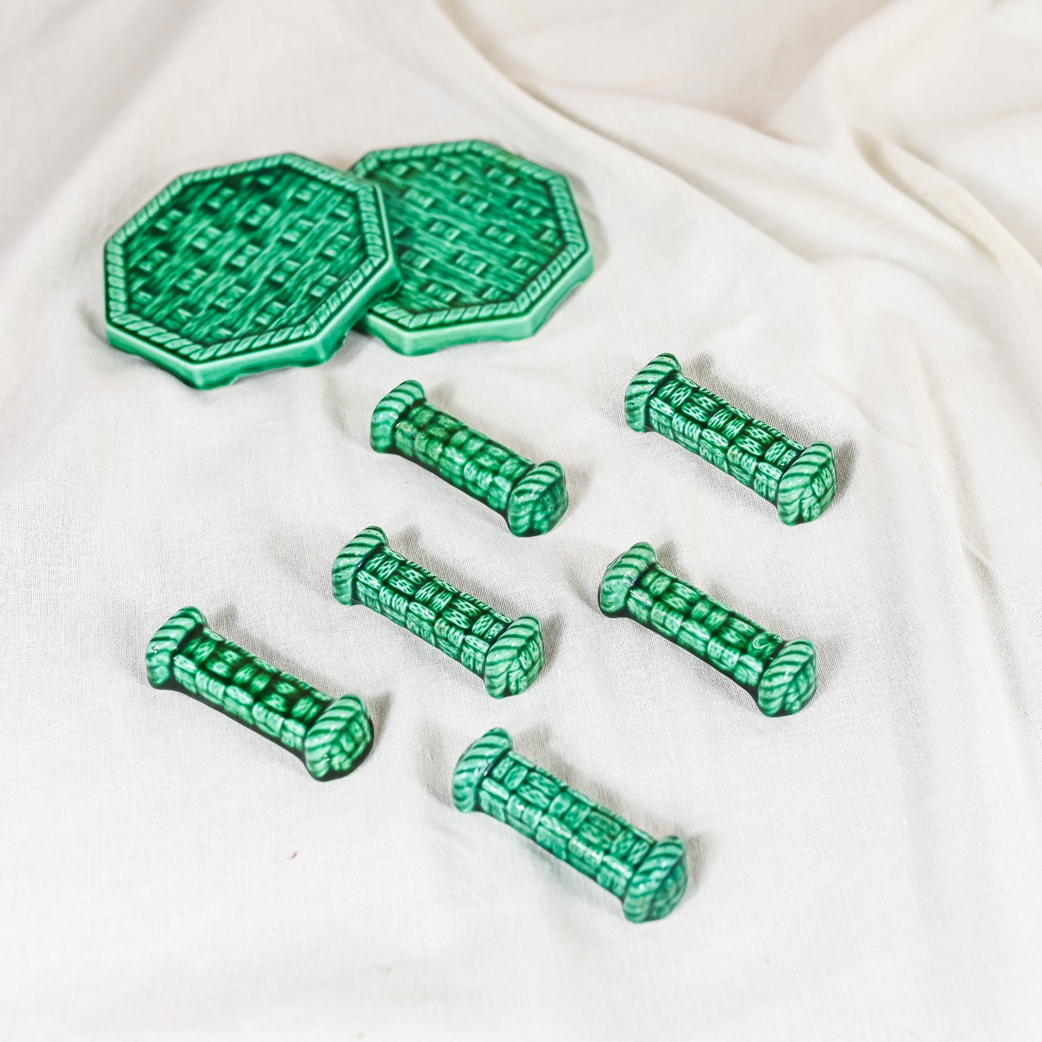 Digoin Sarreguemines, Set 8 Pieces, Knives Holders & Bottle Coasters