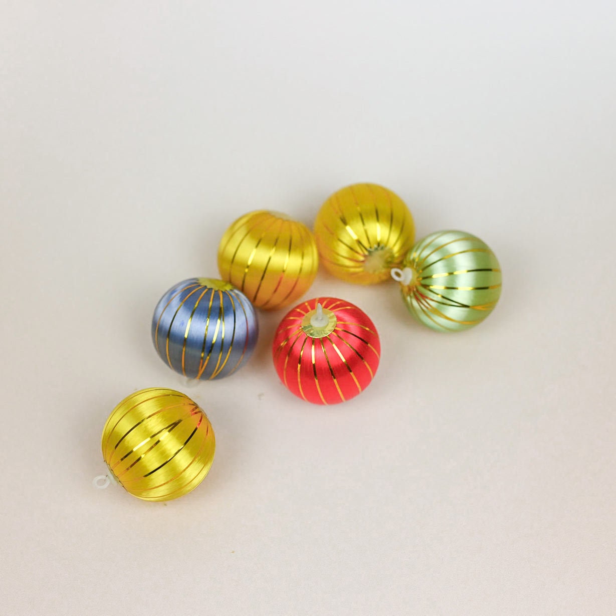 Seventies Multicolour Satin Thread Baubles, Set of 6, Vintage Christmas Ornaments, Made in France