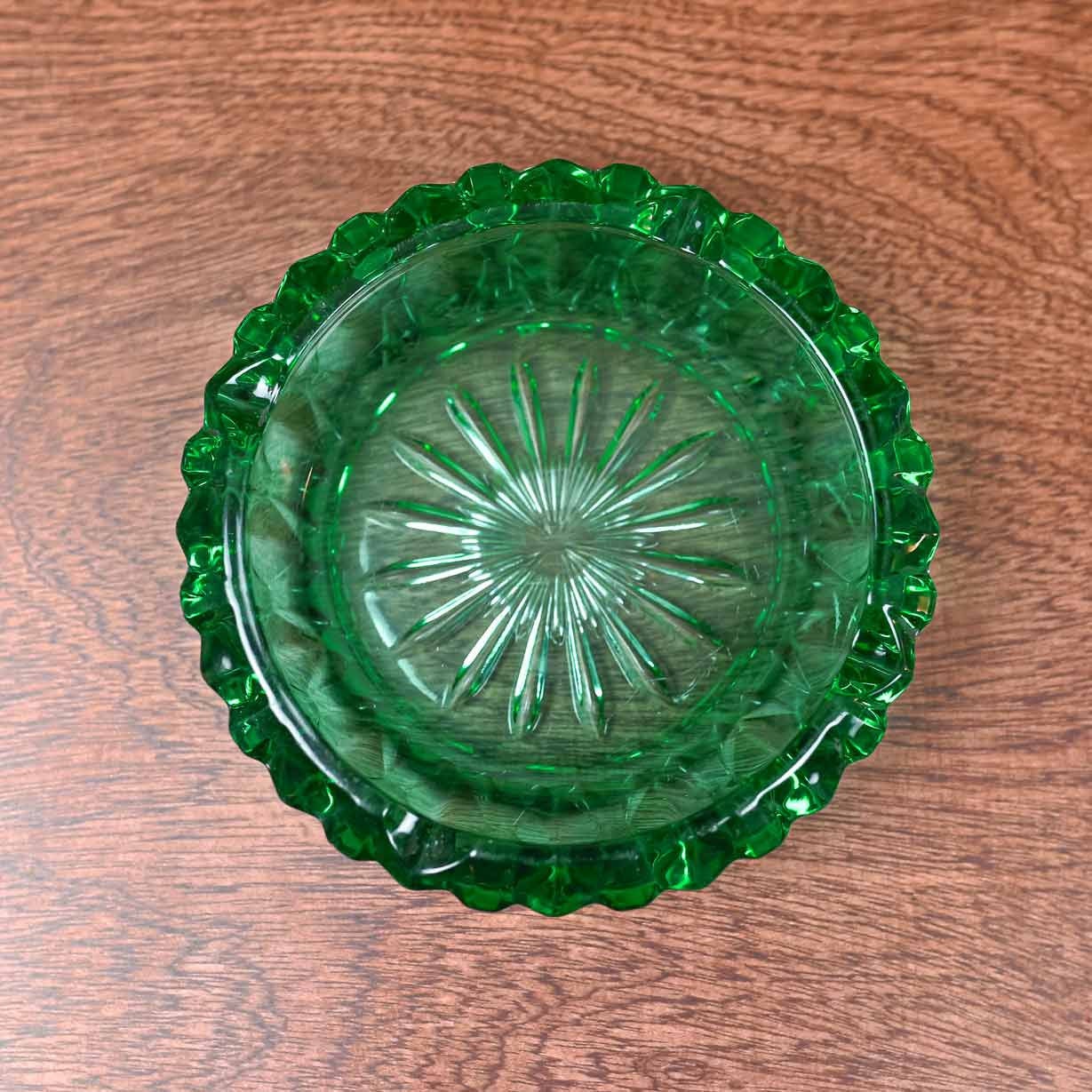 Vintage Green Glass-Cut Ashtray