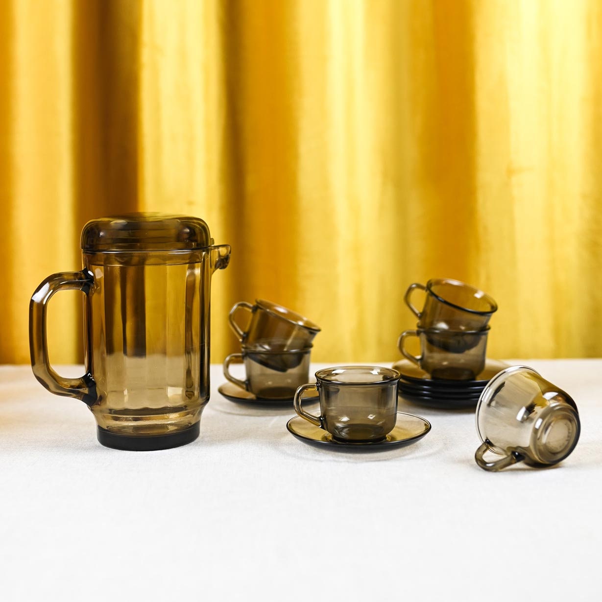 Smoked Glass Coffee Cups & Coffee Pot, Set of 6