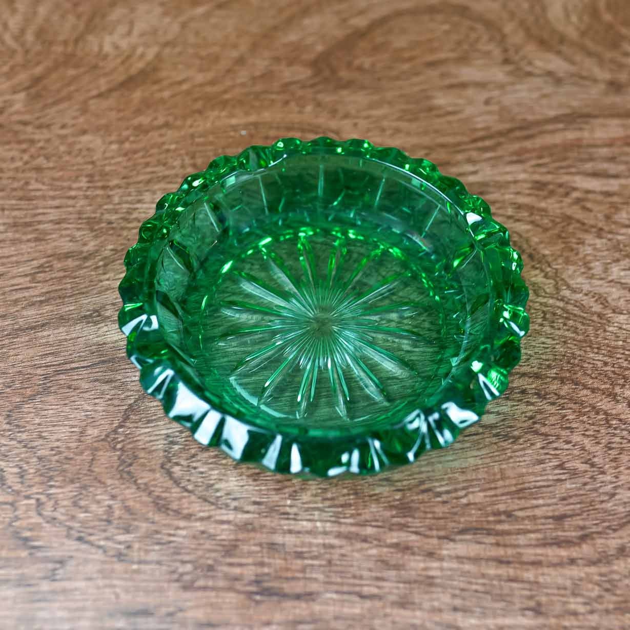 Vintage Green Glass-Cut Ashtray