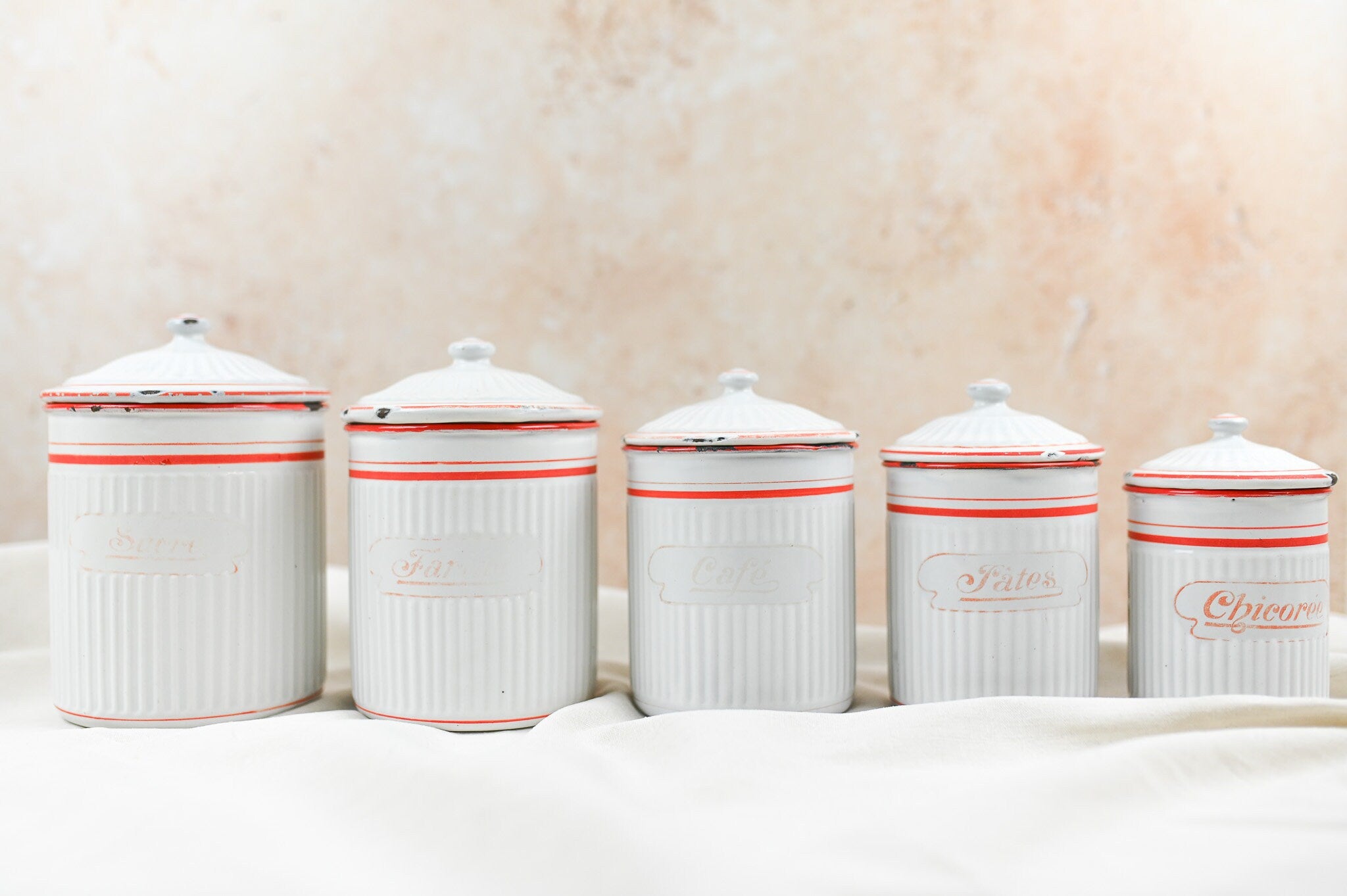 Vintage French Enamel Canisters, Set of 5