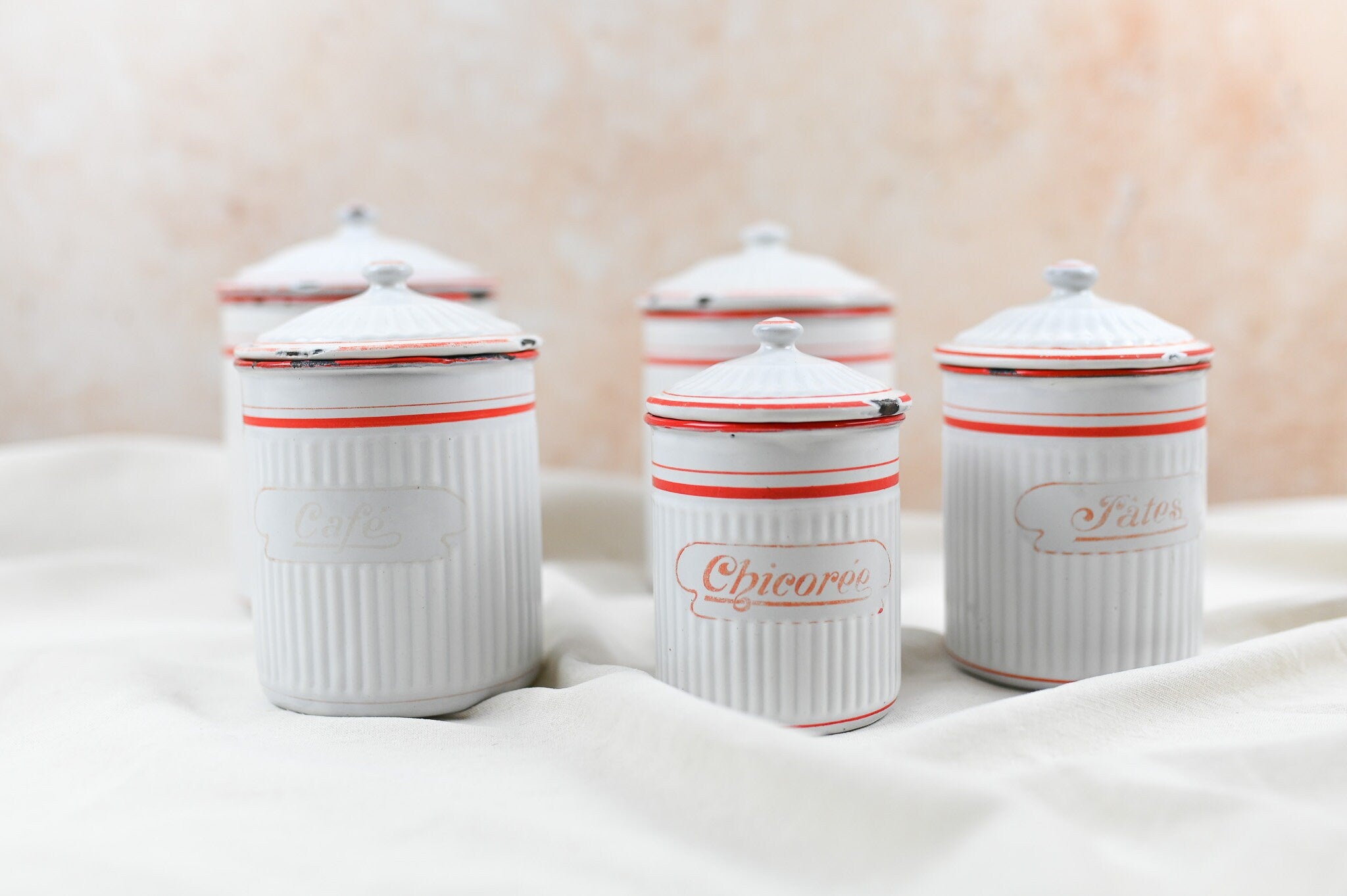 Vintage French Enamel Canisters, Set of 5