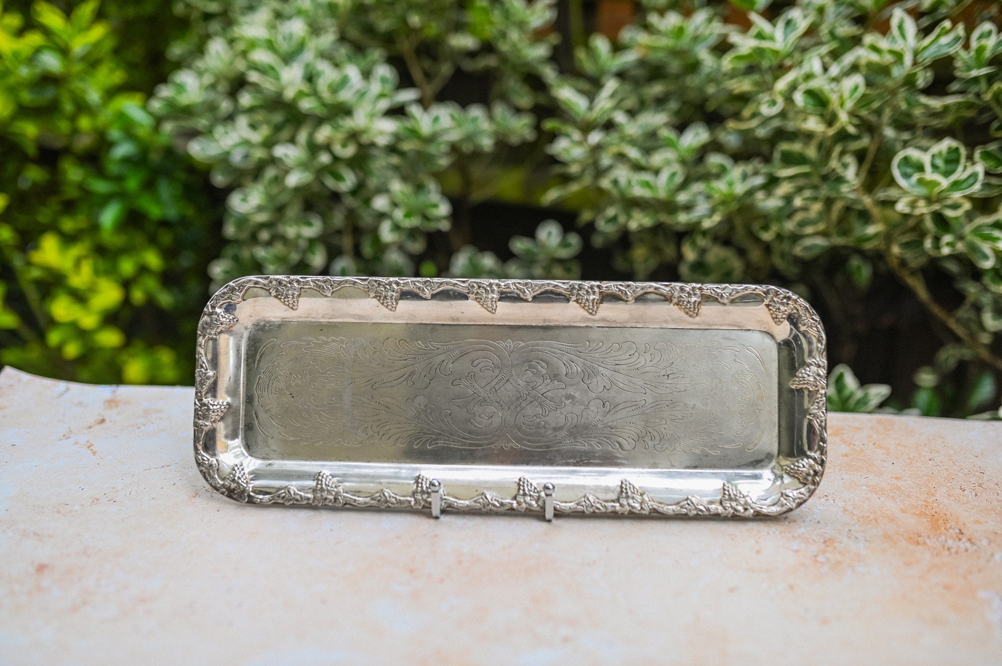 Vintage Rectangular Tray With Engraved Vine Decoration