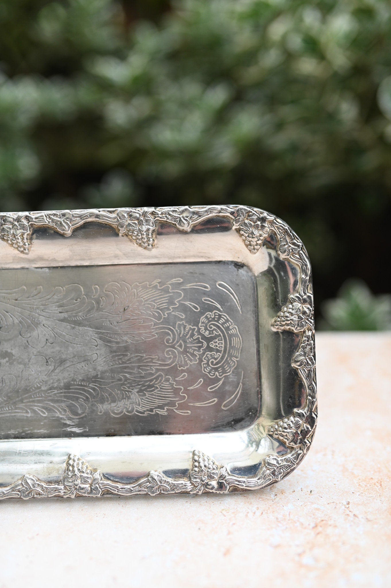 Vintage Rectangular Tray With Engraved Vine Decoration