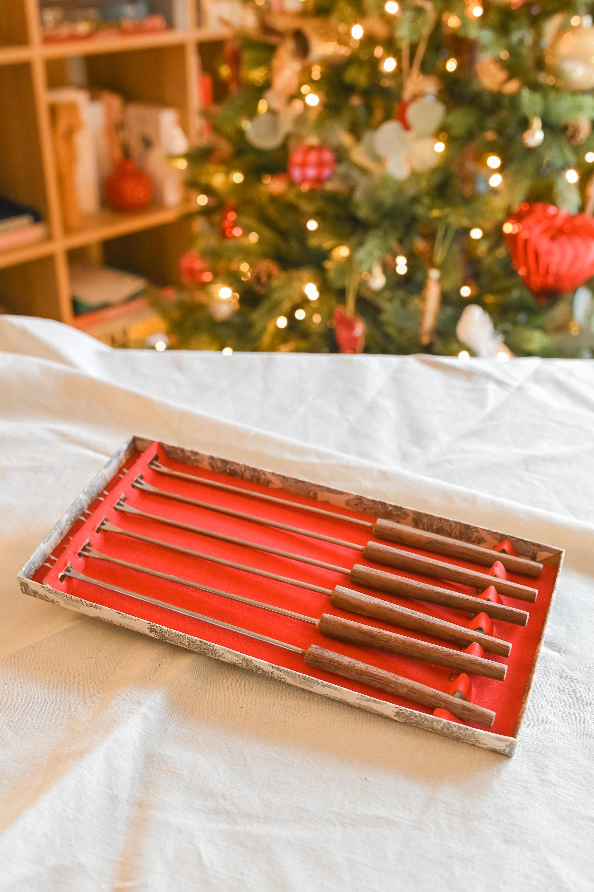 Mid Century Modern Fondue Forks Set of 6, Stainless Steel Skewers, Kitchen Forks with Wood Handles